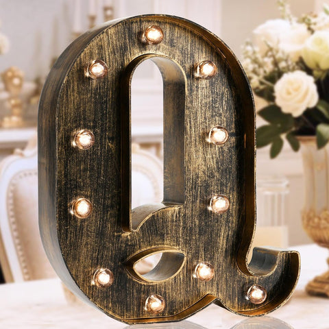 Golden Black LED Marquee Letter Q – Vintage Industrial Style Light Sign