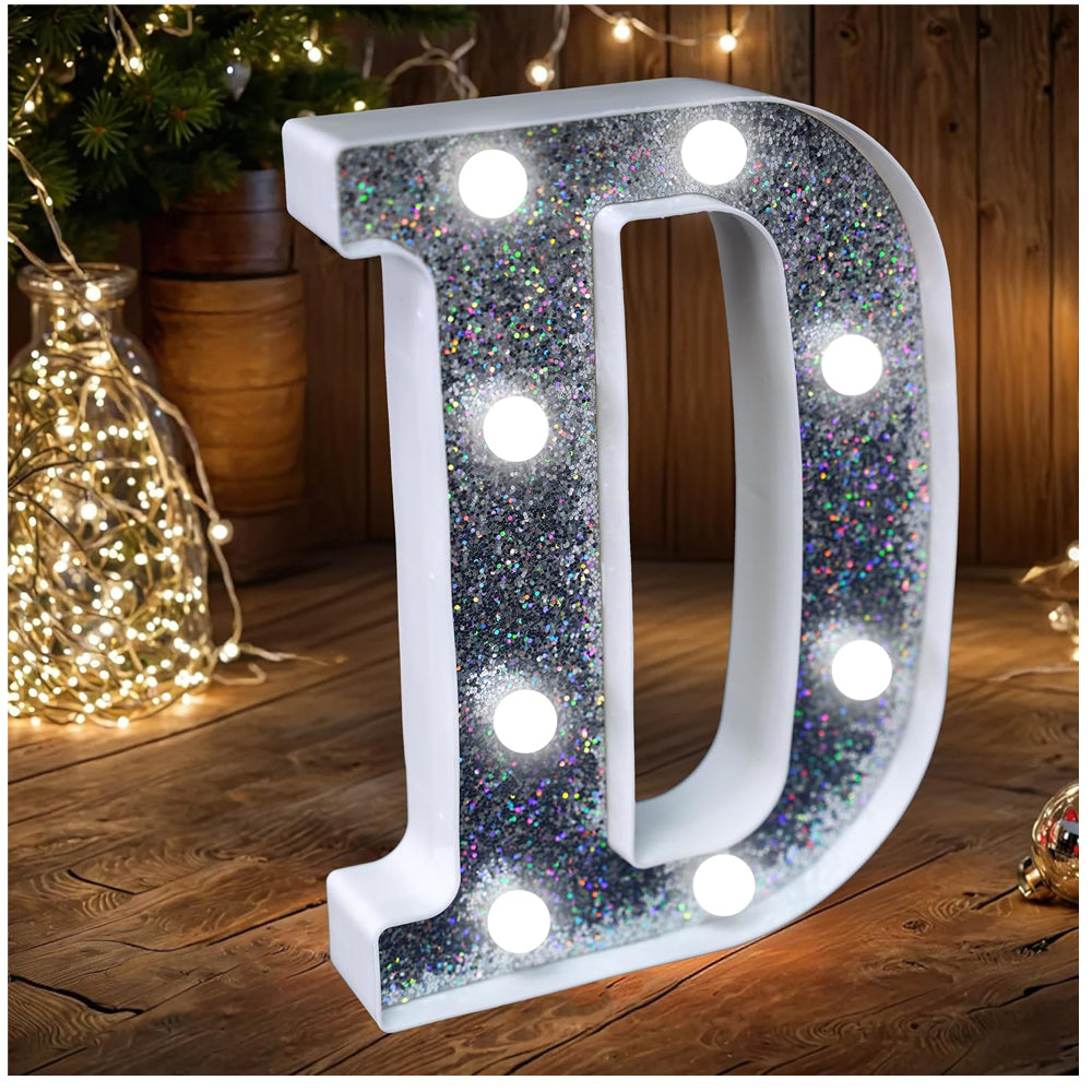 D Style LED Marquee Lamp, Silver Glitter Light Up Letter Sign, Battery Powered Tabletop Decorative Letter Light with On/Off Switch for Wedding, Birthday, Party and Home Decor