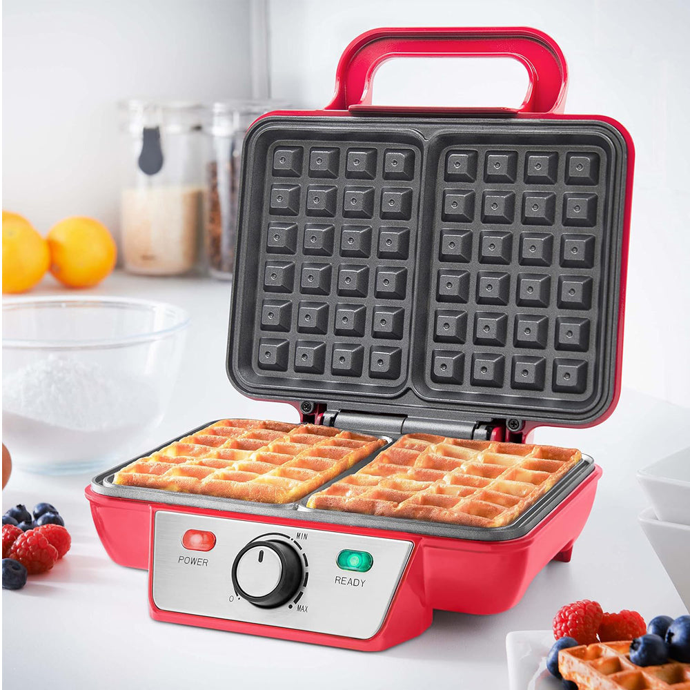 Two Slice Waffle Maker – Non-Stick Plates, Adjustable Temperature, Cool Touch Handle, Easy Clean Stainless Steel – Red
