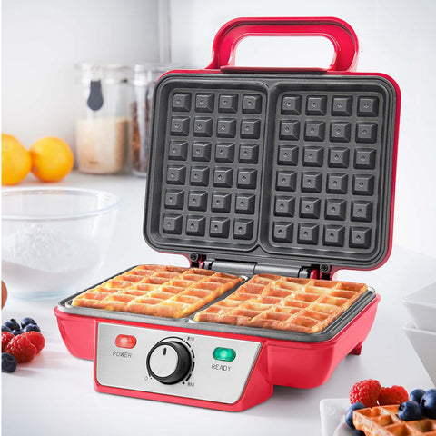 Two Slice Waffle Maker – Non-Stick Plates, Adjustable Temperature, Cool Touch Handle, Easy Clean Stainless Steel – Red