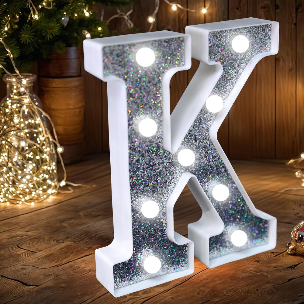 Letter K Style LED Marquee Lamp, Silver Glitter Light Up Letter Sign, Battery Powered Tabletop Decorative Marquee Light with On/Off Switch for Wedding, Birthday, Party and Home Decor