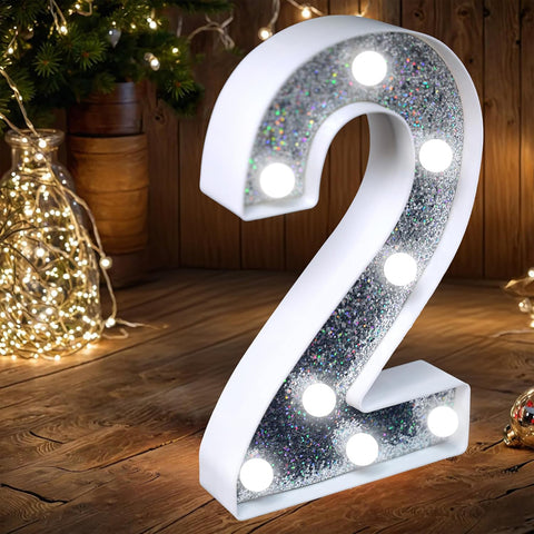 Number 2 Style LED Marquee Lamp, Silver Glitter Light Up Letter Sign, Battery Powered Tabletop Decorative Marquee Light with On/Off Switch for Wedding, Birthday, Party and Home Decor