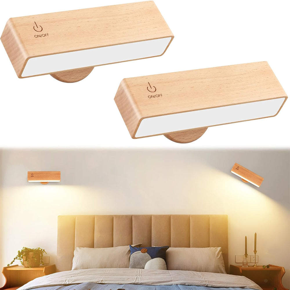 Battery Operated Magnetic Light 2 Pack, Rechargeable Wood Wall Sconce Indoor with 360°Rotation, Wireless Lamp with Stepless Dimmable & Touch Control for Bedroom