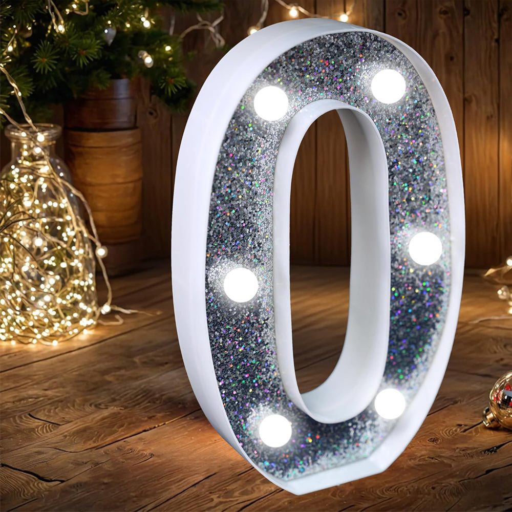 Letter O Style LED Marquee Lamp, Silver Glitter Light Up Letter Sign, Battery Powered Tabletop Decorative Marquee Light with On/Off Switch for Wedding, Birthday, Party and Home Decor