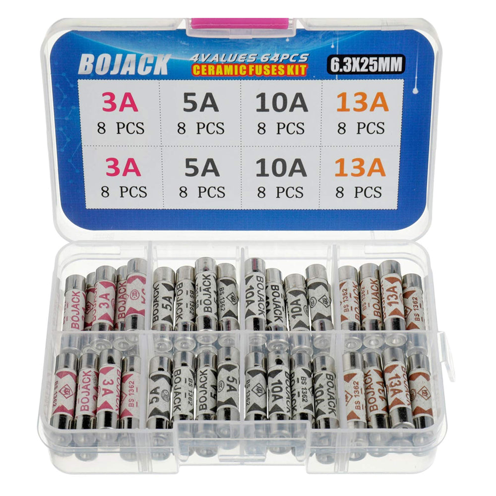 BOJACK 4 Values 64 pcs 3 5 10 13 A amp 240 V Volt Household Mains Plug Fuse 6.3x25 mm 0.25x1Inch BS1362 Ceramic Tube Cartridge Fuses Assortment Kit packag in a Clear Plastic Box