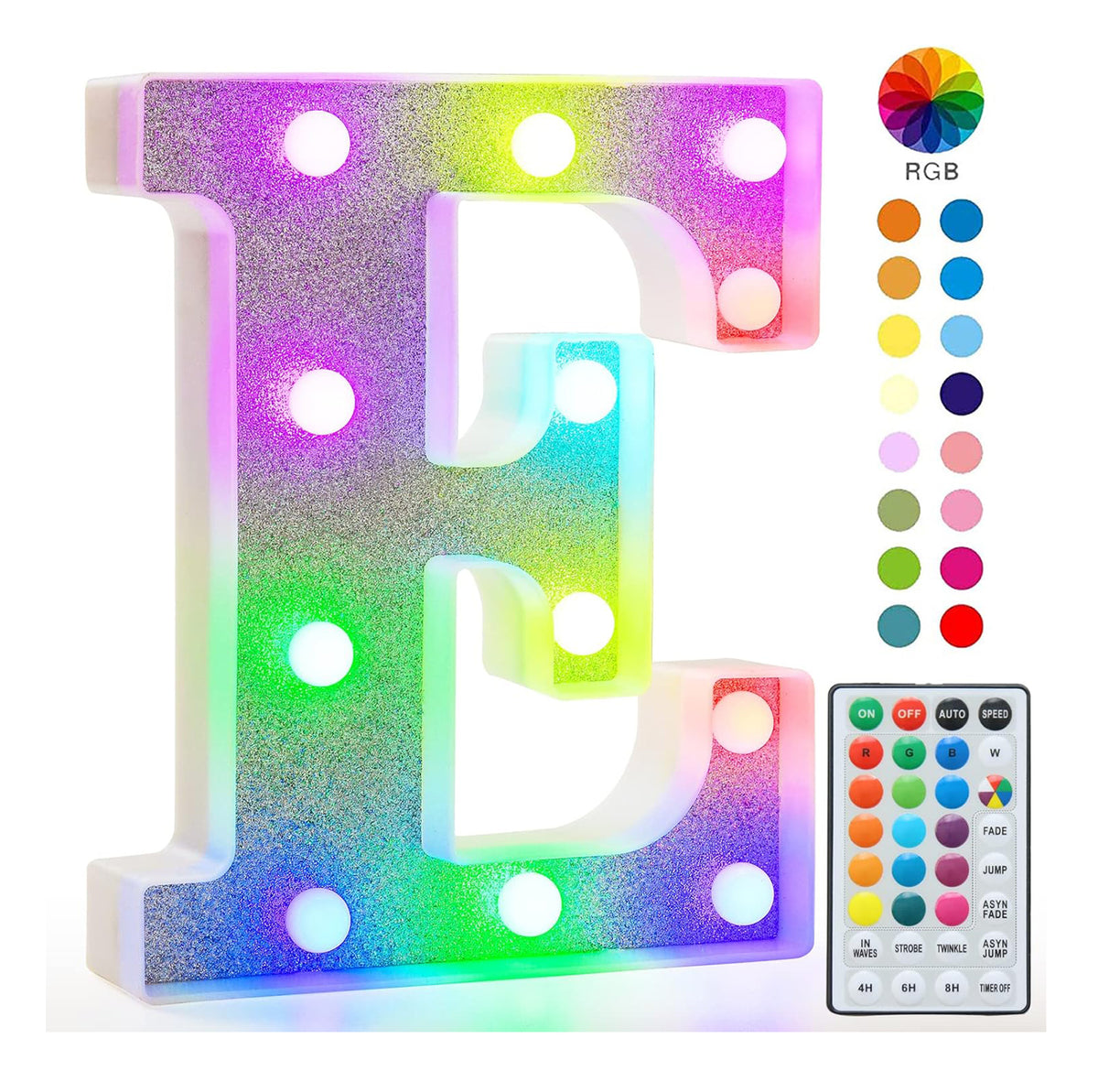 Colorful Light Up Letters, Glitter LED Letter Lights 18 Color Changing Shiny Alphabet Sign Gifts for Girls Women Party Birthday Decorations Remote Night Light Christmas Valentine Wall Table Decor - E