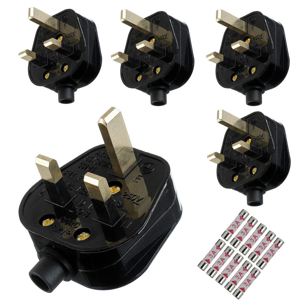 3A Fused Mains Plug with Cord Grip Black Pack of 5