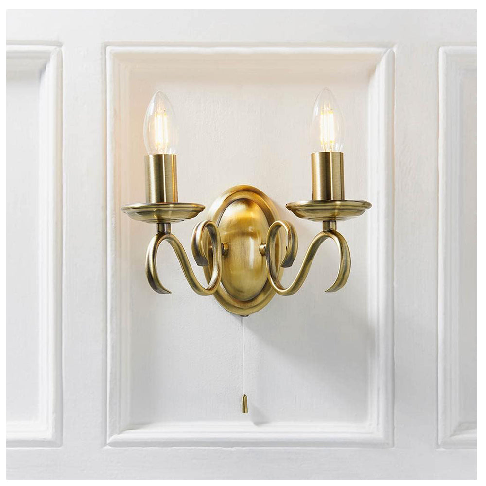 Decorative Twin Wall Light with Pull Switch Brass