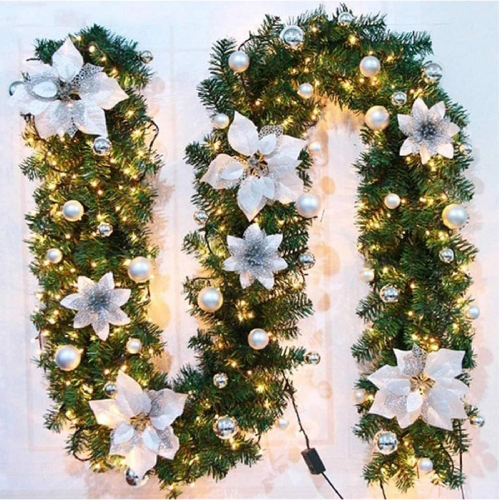Christmas Garland with LED Lights 9ft Silver White