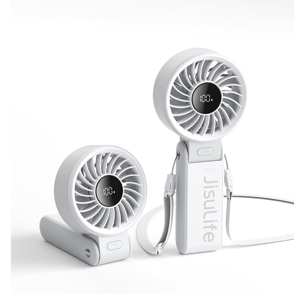 JISULIFE Handheld Fan Life7 – Ultimate Flexibility: High-Power Motor, LED Display, 5000mAh Rechargeable, 5-Speed, Foldable Design, 3-IN-1 Portable Hand/Desk/Neck Fan for Travel, Gift for Women (Grey)