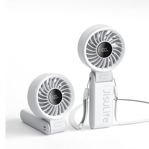 JISULIFE Handheld Fan Life7 – Ultimate Flexibility: High-Power Motor, LED Display, 5000mAh Rechargeable, 5-Speed, Foldable Design, 3-IN-1 Portable Hand/Desk/Neck Fan for Travel, Gift for Women (Grey)