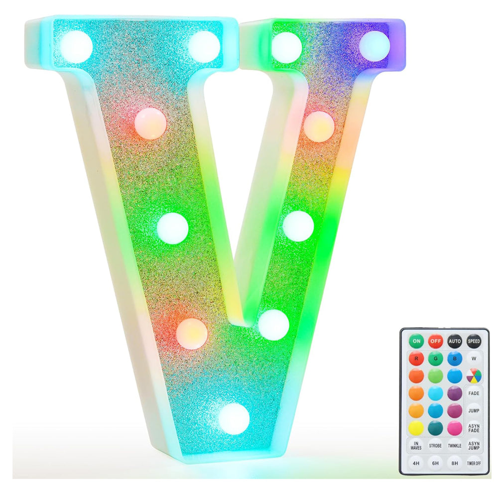 Colorful Light Up Letters, Glitter LED Letter Lights 18 Color Changing Shiny Alphabet Sign Gifts for Girls Women Party Birthday Decorations Remote Night Light Christmas Valentine Wall Table Decor - V