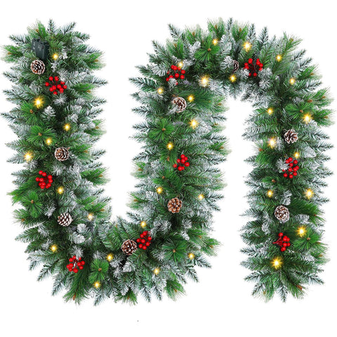 Pre-lit Artificial Christmas Garland 9Ft Green with Red Flowers