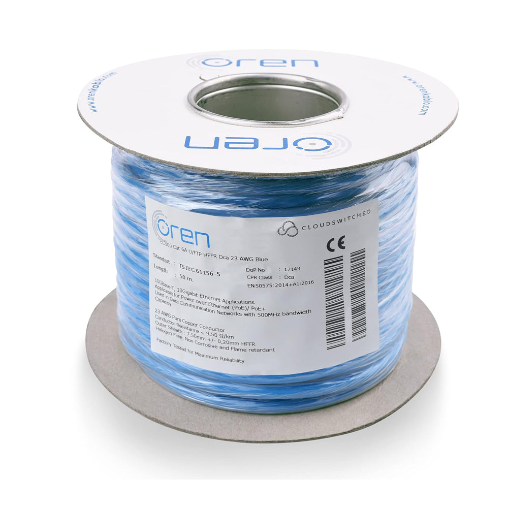 Oren CAT6A Ethernet Cable 50m 23AWG Pure Copper U/FTP High Speed 10GbE Network Cable – 500MHz Gigabit LAN RJ45 Male-to-Male Blue Internet Cable for Router, Gaming, Office & Server