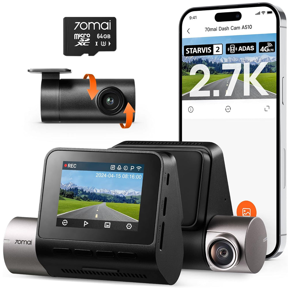 70mai A510 2.7K Dual Dash Cam Front and Rear with GPS and Night Vision