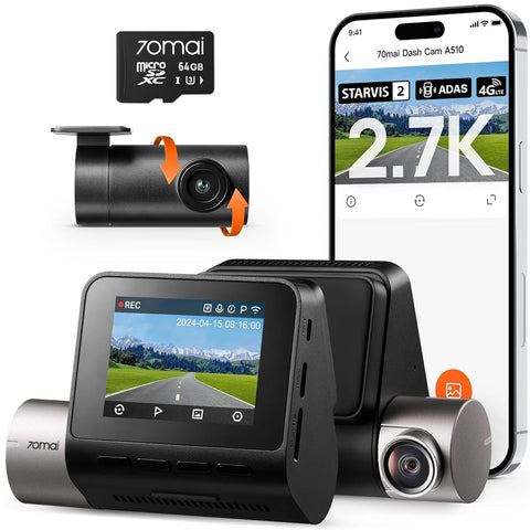 70mai A510 2.7K Dual Dash Cam Front and Rear with GPS and Night Vision
