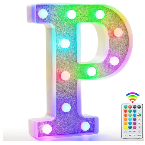 Colorful Light Up Letters, Glitter LED Letter Lights 18 Color Changing Shiny Alphabet Sign Gifts for Girls Women Party Birthday Decorations Remote Night Light Christmas Valentine Wall Table Decor - P