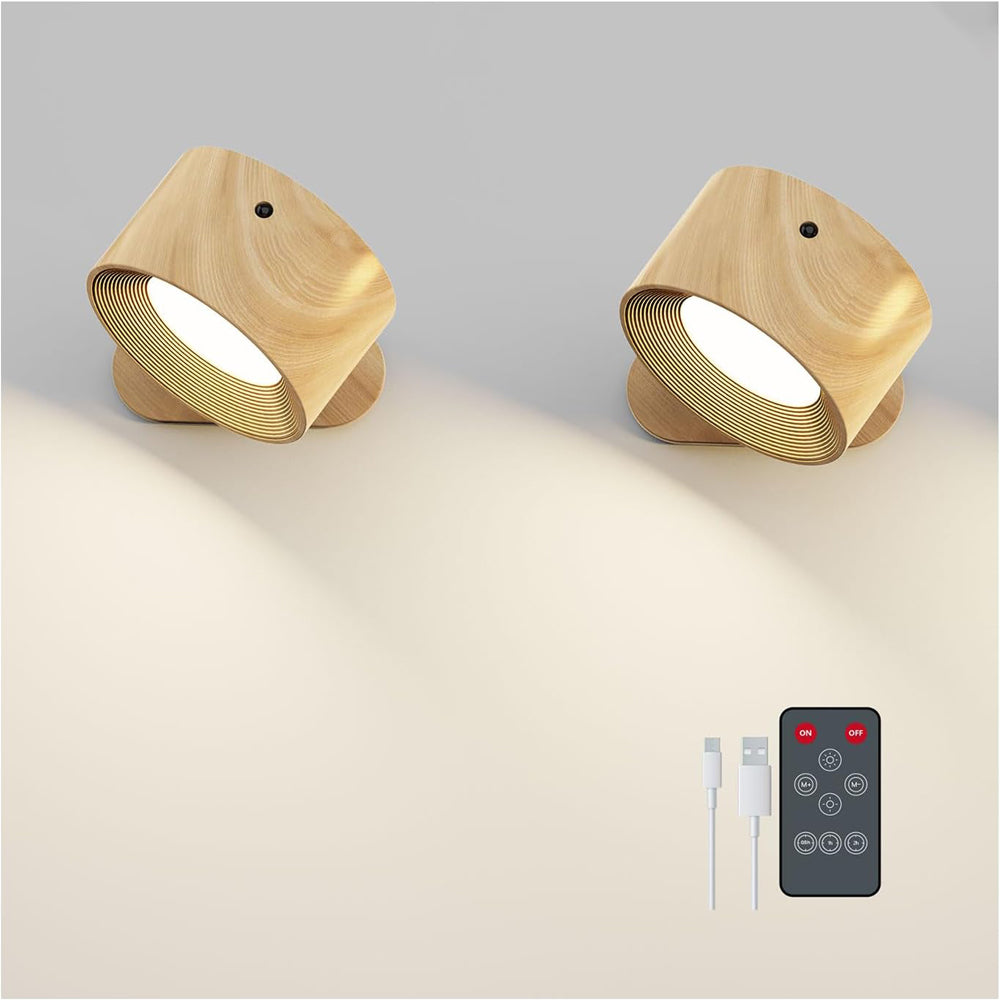 LED Wall Lights with USB Charging Port 2 Pcs Reading Light, Dimmable Touch Control 3 Brightness Levels Wall Spotlights 360 Free Rotation Bedside Lamp for Bedroom Remote Control Woodgrain