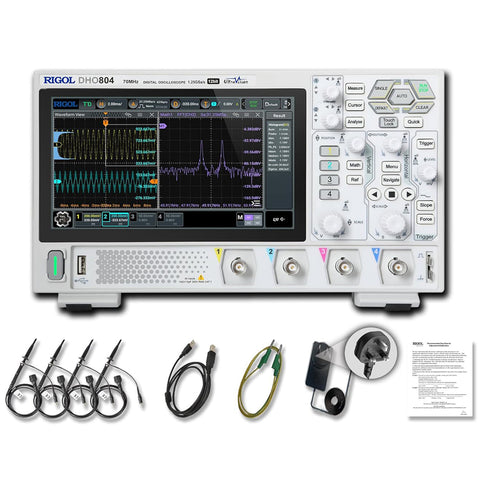 RIGOL DHO804 Portable Digital Oscilloscope, 70MHz Bandwidth, 4 Analogue Channels, 12bit Vertical Resolution, Low Noise Floor, Mobile Power Supply Supportable