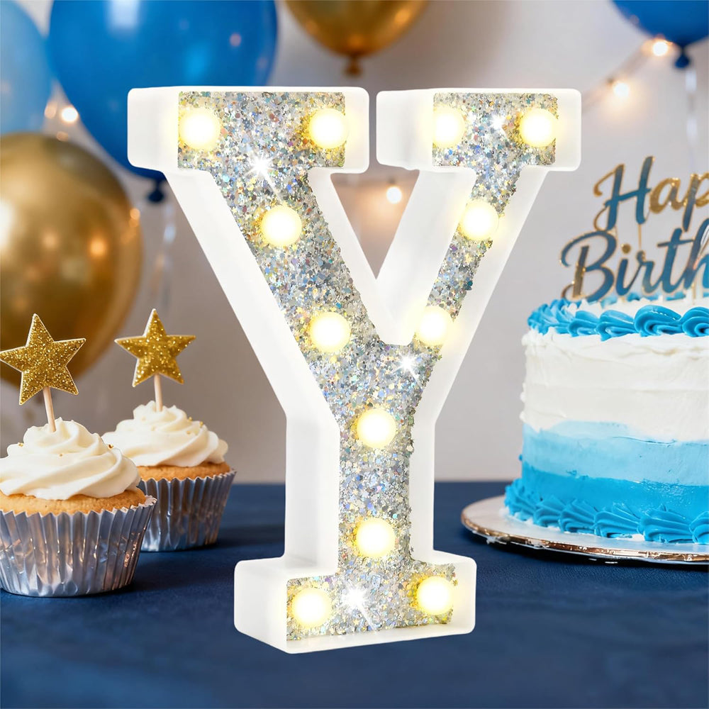 LED Marquee Letter Lights, Light Up Silver Letters for Bedroom Glitter Gifts for Teenage Girls Alphabet Letter Sign Battery Powered Night Light Birthday Party Wedding Home Decoration, Silver Letter Y