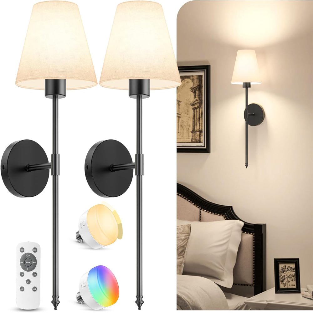 5200mAh Battery Operated Wireless Wall Lights Set of 2, 60CM Rechargeable Wall Lights with Dimmable Detachable Bulbs and Remote, 12-Color Wall Sconce Lighs for Bedroom Living Room Black