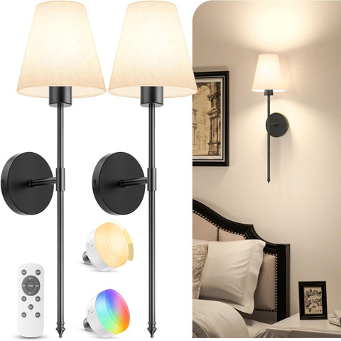 5200mAh Battery Operated Wireless Wall Lights Set of 2, 60CM Rechargeable Wall Lights with Dimmable Detachable Bulbs and Remote, 12-Color Wall Sconce Lighs for Bedroom Living Room Black