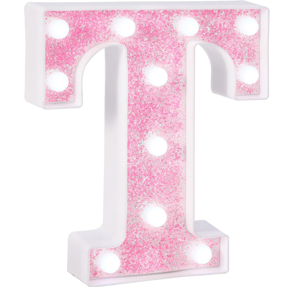 LED Pink Glitter Marquee Letter T with Cool White Lights