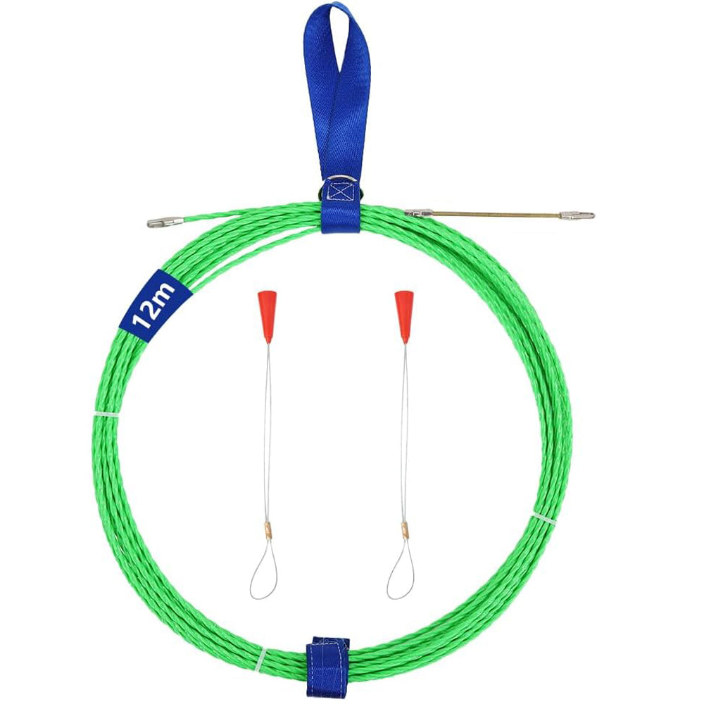 12M 4.0mm Fish Tape Cable Puller Wire Tool – 360° Flexible Nylon Cable Pulling Rod for Electrical Conduit & Pipeline Wiring Installations – Non-Conductive Heavy Duty Cable Routing Tool with Accessories