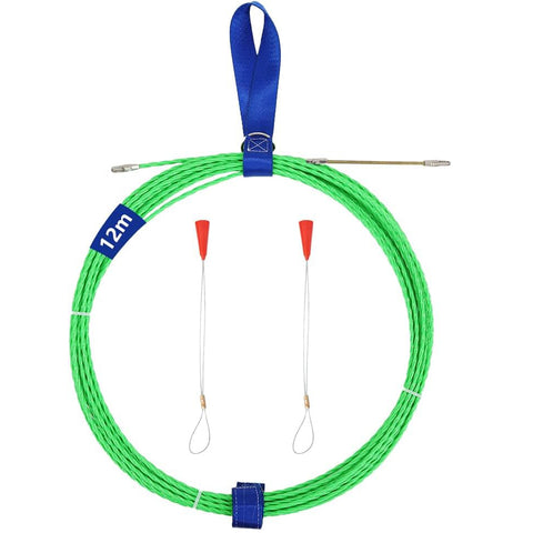 12M 4.0mm Fish Tape Cable Puller Wire Tool – 360° Flexible Nylon Cable Pulling Rod for Electrical Conduit & Pipeline Wiring Installations – Non-Conductive Heavy Duty Cable Routing Tool with Accessories