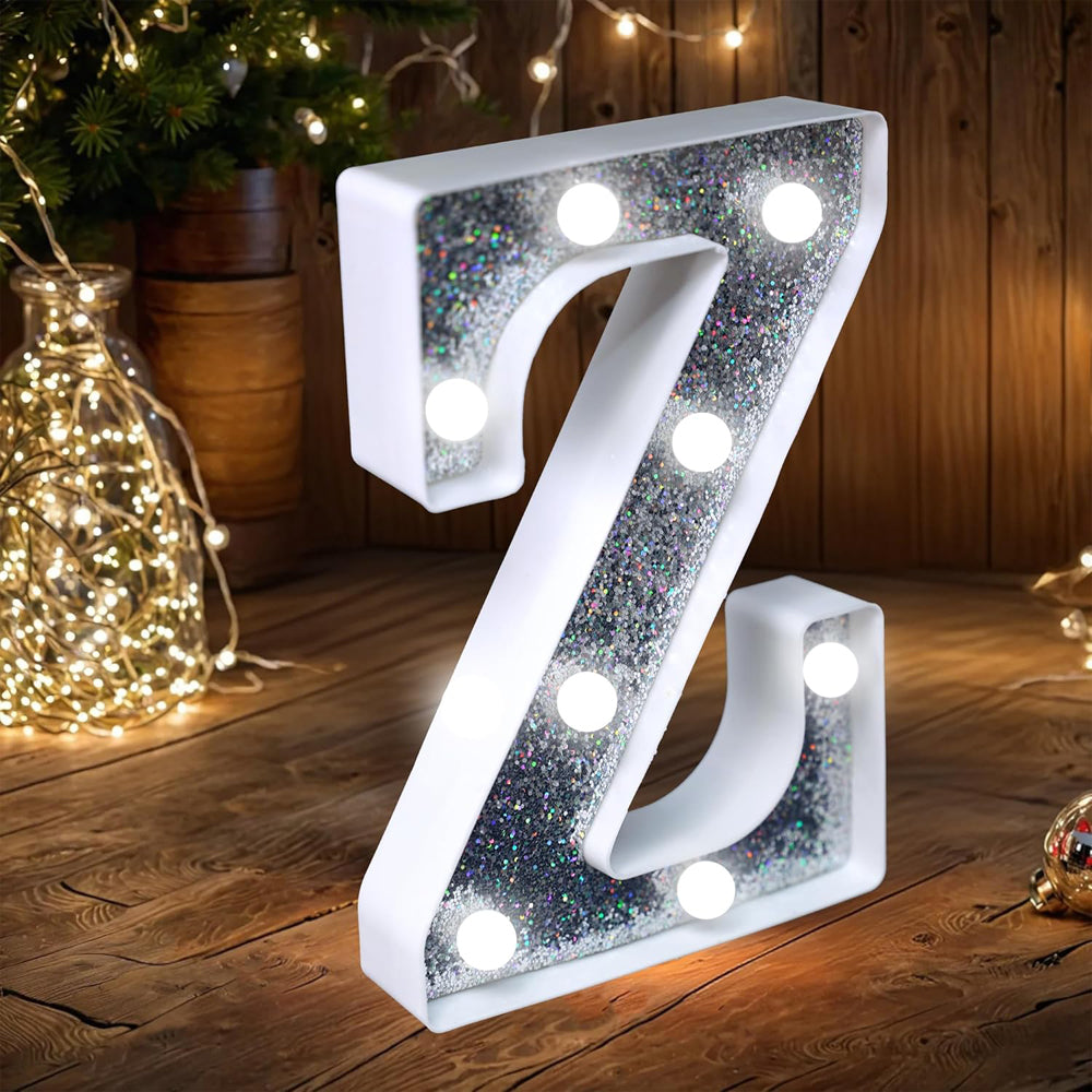 Letter Z Style LED Marquee Lamp, Silver Glitter Light Up Letter Sign, Battery Powered Tabletop Decorative Marquee Light with On/Off Switch for Wedding, Birthday, Party and Home Decor