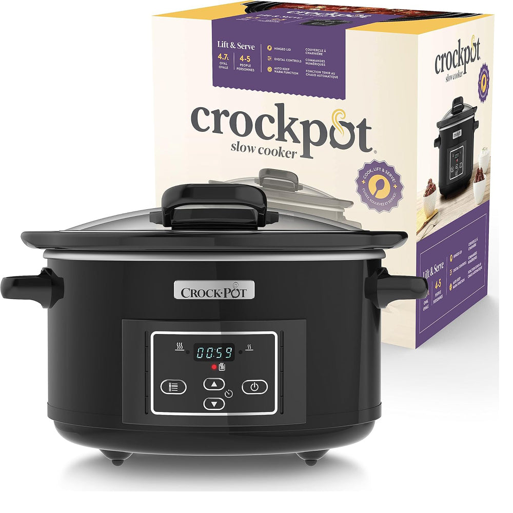 Crockpot Lift & Serve Digital Slow Cooker with Hinged Lid, Programmable Timer, 4.7L Capacity for Up to 5 People – Black