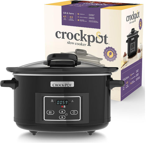 Crockpot Lift & Serve Digital Slow Cooker with Hinged Lid, Programmable Timer, 4.7L Capacity for Up to 5 People – Black