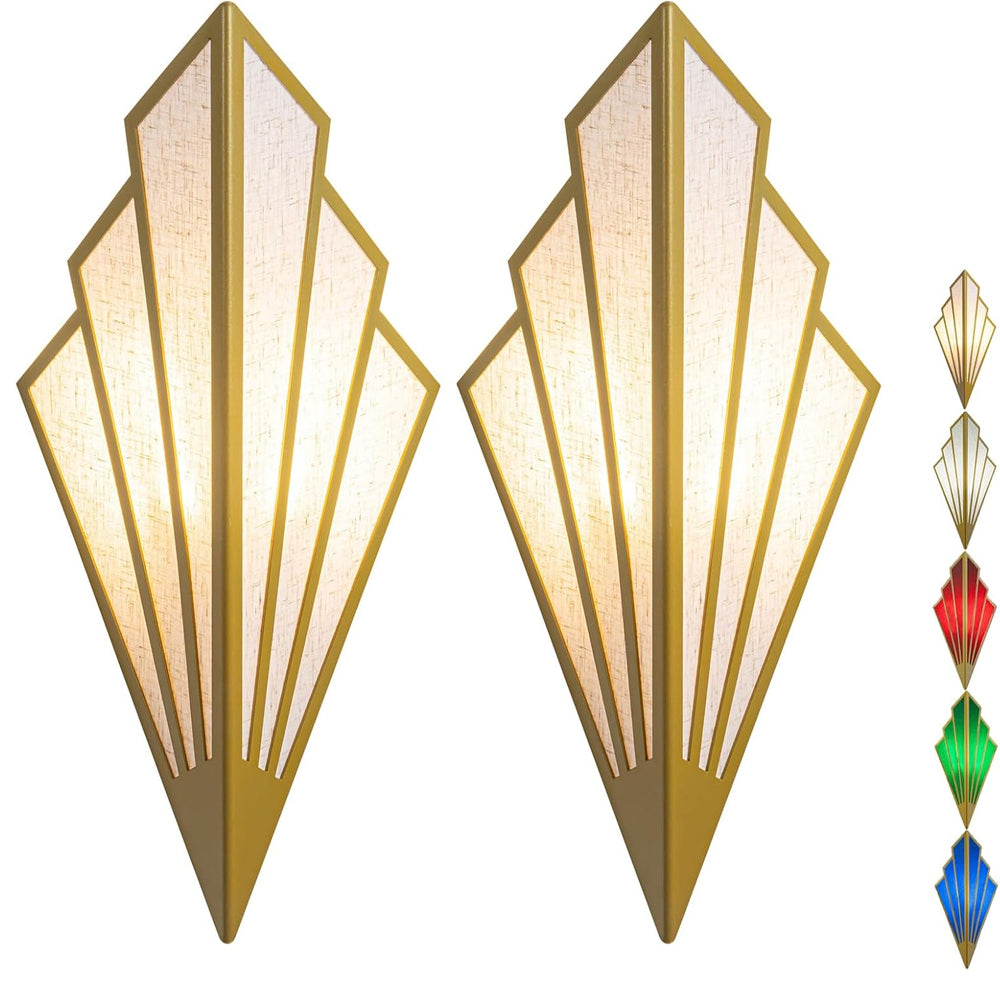 Set of 2 Gold Battery Operated Wall Sconces with Remote Dimmable LED Lights