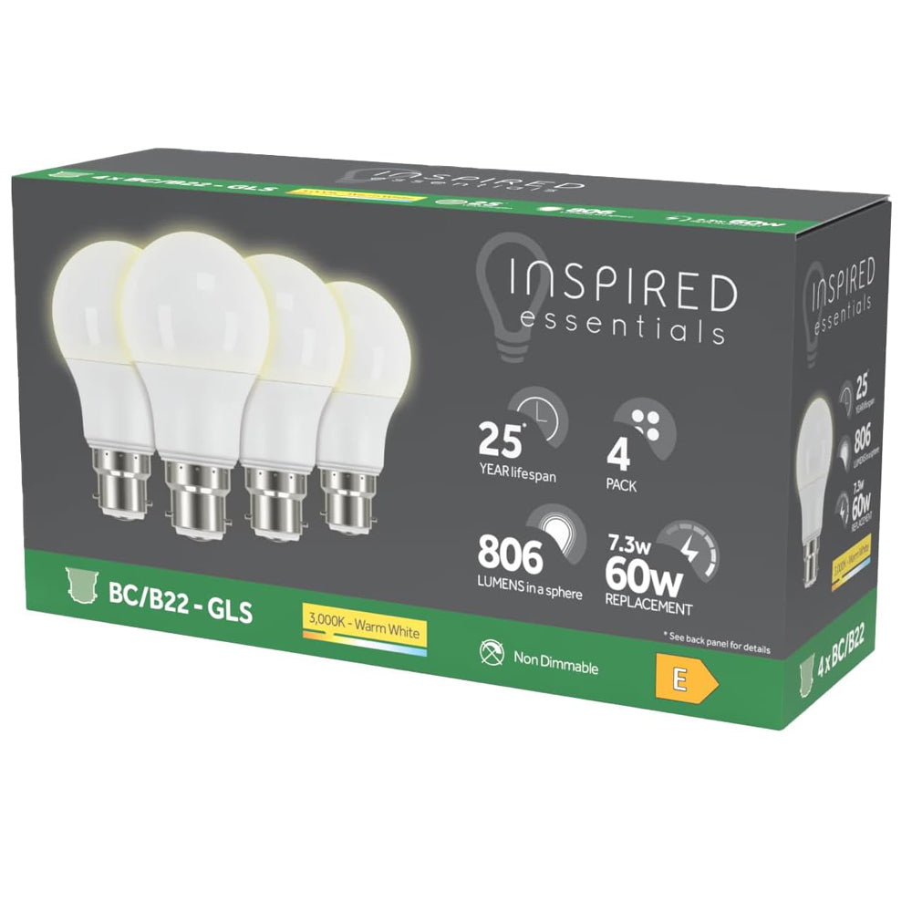 B22 LED Bulb Warm White 3000K 60W Equivalent 7.3W 4 Pack