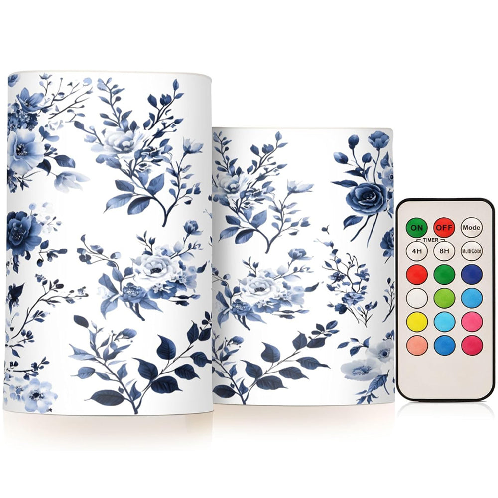 Flickering Flameless LED Candles with Blue & White Porcelain Flower Design, Remote Control & Timer, Set of 2 Battery Operated Candles
