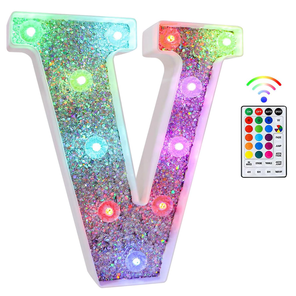 V Style Color Changing LED Letter Light, Glitter Marquee Lamp with 18 Colors, Remote Controlled, Battery Powered Decorative Letter Light for Party, Wedding, Birthday and Home Decor