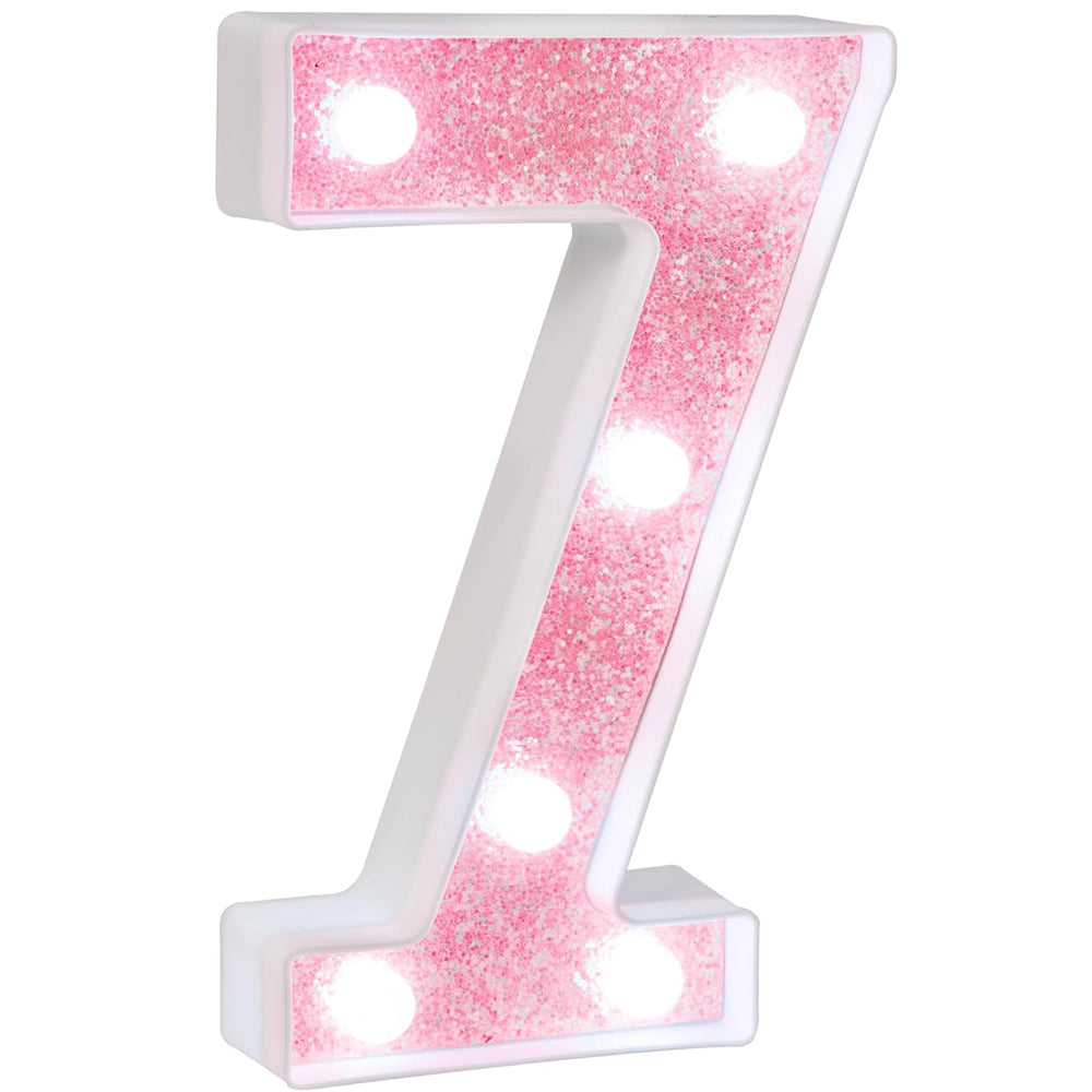Pink Marquee Light Up Numbers, Glitter LED Number Lights Battery Powered for Girls 7th 17th Birthday Party Table Decorations, Wall Decor for Girls Room, Pink Number 7 Sign w/Cool White Lights