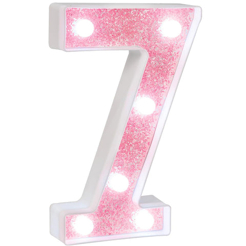 Pink Marquee Light Up Numbers, Glitter LED Number Lights Battery Powered for Girls 7th 17th Birthday Party Table Decorations, Wall Decor for Girls Room, Pink Number 7 Sign w/Cool White Lights
