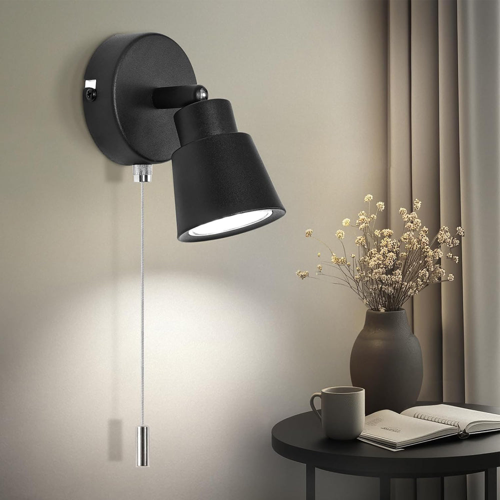 Black Wall Lights with Pull Cord Switch GU10 - Modern Pull Cord Light Switch 350° Rotatable - Indoor Wall Sconce Lights for Bedroom Bedside Living Room Kitchen
