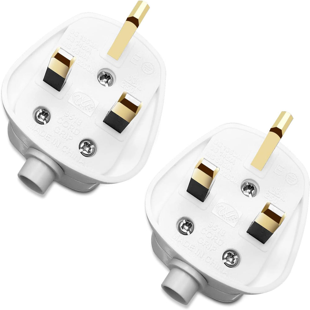 UK Plug 13 Amp Plug UK, plugs 3 Pin Electric Plugs UK 250V ,13A Fused Mains , with Cord Grip Rewireable Socket White,2 Pack