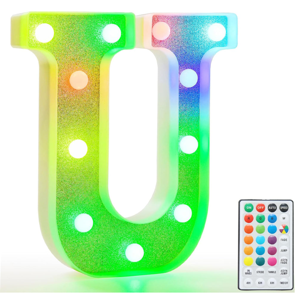 Colorful Light Up Letters, Glitter LED Letter Lights 18 Color Changing Shiny Alphabet Sign Gifts for Girls Women Party Birthday Decorations Remote Night Light Christmas Valentine Wall Table Decor - U