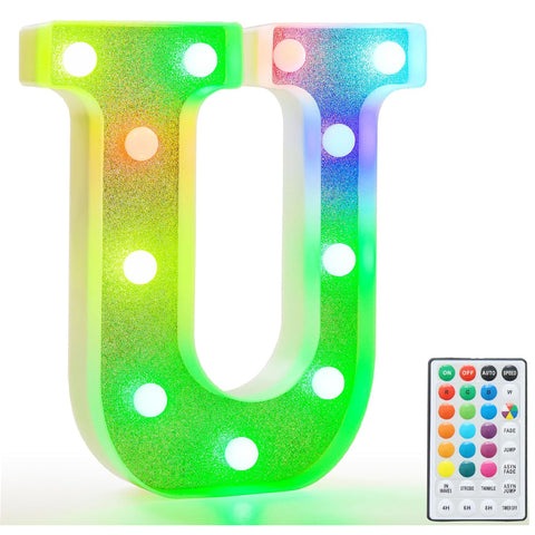 Colorful Light Up Letters, Glitter LED Letter Lights 18 Color Changing Shiny Alphabet Sign Gifts for Girls Women Party Birthday Decorations Remote Night Light Christmas Valentine Wall Table Decor - U