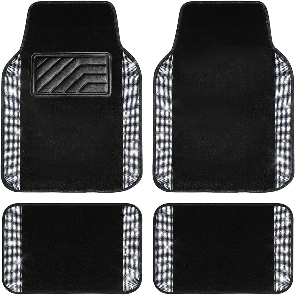 CAR PASS Bling Diamond Car Floor Mats – 4pcs Black Silver Universal Fit