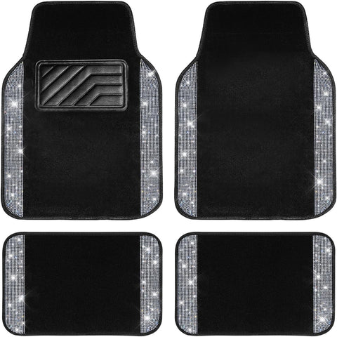 CAR PASS Bling Diamond Car Floor Mats – 4pcs Black Silver Universal Fit