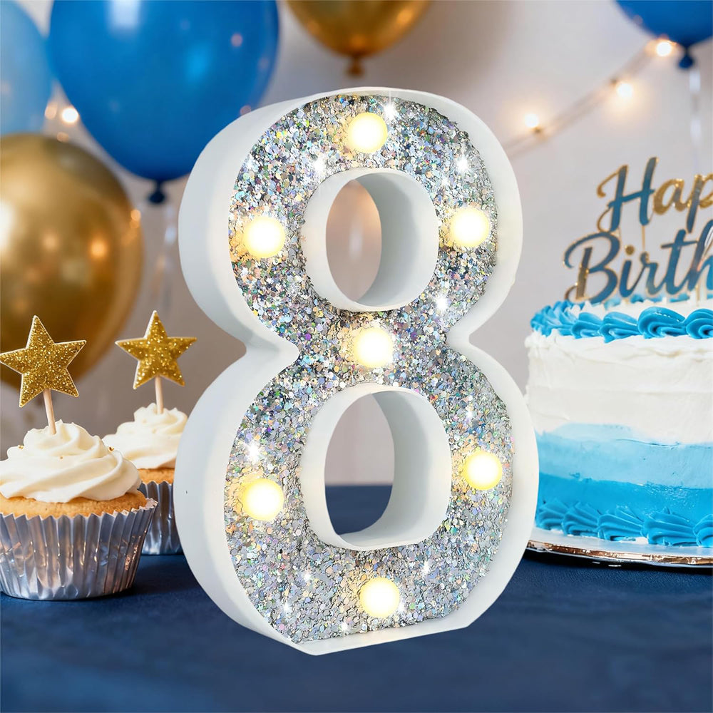 Silver Glitter LED Number Light – 8.86 Inch Marquee Number 8