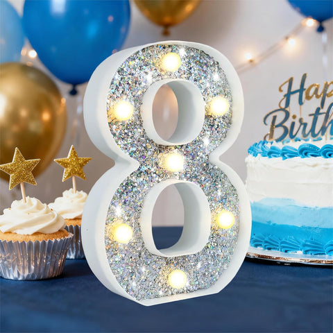 Silver Glitter LED Number Light – 8.86 Inch Marquee Number 8