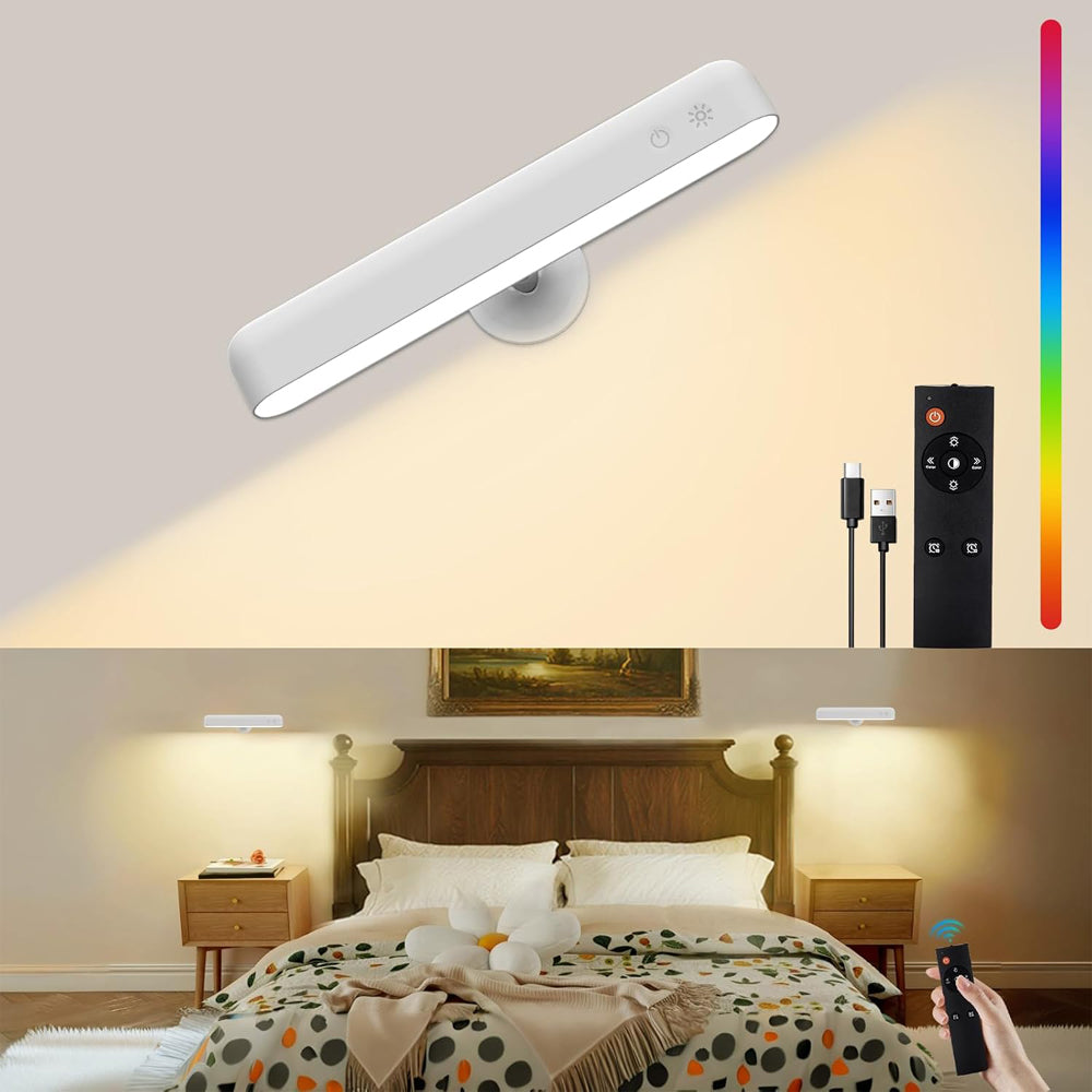 Rechargeable White Wall Lights, LED Battery Operated Wall Lights with 7500mAh Battery Lamp for Bedroom, 3 Colors with 15 RGB Colors, 360°Rotate & Stepless Dimmable Brightness
