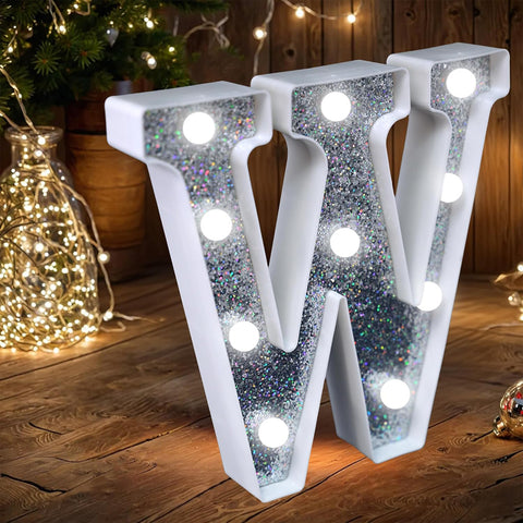 Letter W Style LED Marquee Lamp, Silver Glitter Light Up Letter Sign, Battery Powered Tabletop Decorative Marquee Light with On/Off Switch for Wedding, Birthday, Party and Home Decor