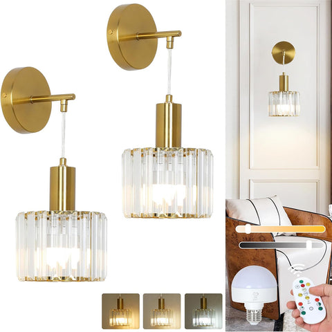 Gold Battery Operated LED Wall Lights Set of 2 with Remote