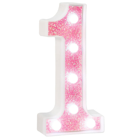 Number 1 Pink Glitter LED Marquee Light, Battery Powered Tabletop or Wall Decorative Number Lamp for Birthday, Party, Wedding and Home Decor